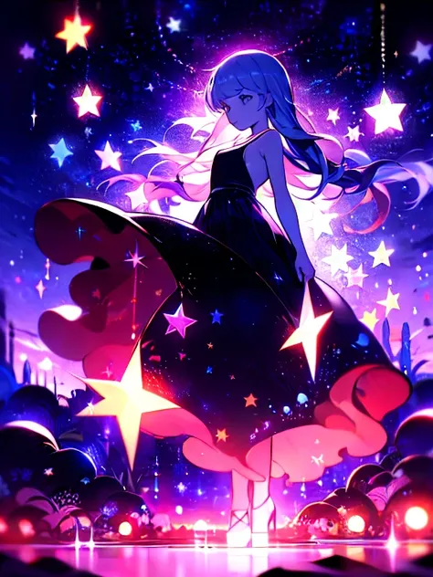 Dark Silhuette of a dancer, fine clear lines,black ultra long dress, starry, , sky, night, glowing, sparkle, star dust, night sky, backlighting, light particles,  anime style, dark ultra long hair, absurdres, ultra detailed, masterpiece, best quality, aest...