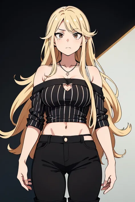 Boku No Hero Academia comics panel of a female. She has blonde, wavy hair and long hair no bangs , and brown eyes, with two moles, one above the upper lip on the right and the other under the left eye. she isa striped blouse (horizontal black and white) wi...