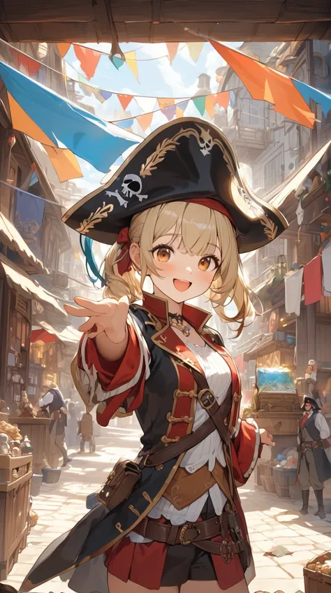 One Girl、A happy smile、Short blonde、Pirate hat、A treasure map in your hand、Innocent Attitude BREAK Colorful Port Town、(Cheerful light):1.3、Bright colors、Lively atmosphere、Adventure with friends BREAK Bustling market、Colorful flags、Gathering of pirates、A st...