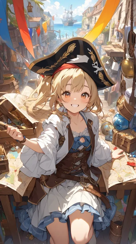 One Girl、A happy smile、Short blonde、Pirate hat、A treasure map in your hand、Innocent Attitude BREAK Colorful Port Town、(Cheerful light):1.3、Bright colors、Lively atmosphere、Adventure with friends BREAK Bustling market、Colorful flags、Gathering of pirates、A st...