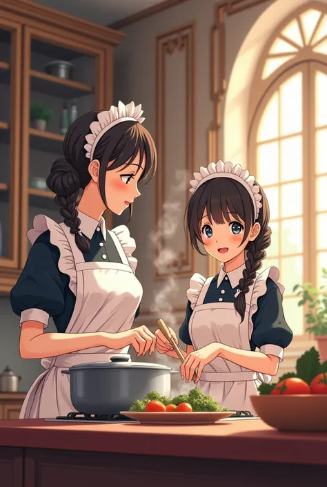 Anime mother and daughter maid cooking in the mansion