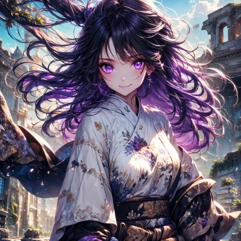 girl、((detailed landscape、ruins))、gun、purple eyes、eye highlights、hair blowing in the wind、smile、