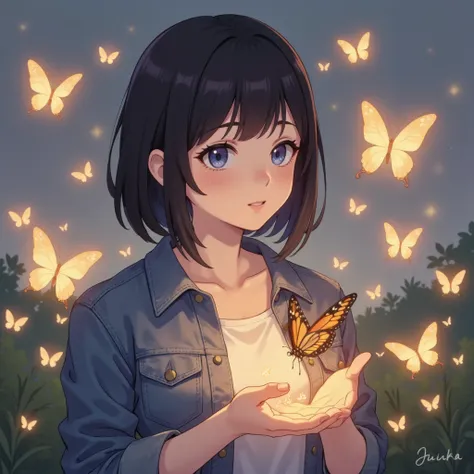 a bob cut girl gently holding a swallowtail butterfly close to her chest, denim jacket, magical light surrounding them, the light forming butterfly shapes, both figures illuminated softly, ethereal and mystical atmosphere, glowing butterflies floating in t...