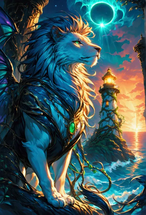 there is a magical lighthouse whose top is in the shape of the head of the lion, it is standing in the sea part of the wall surr...