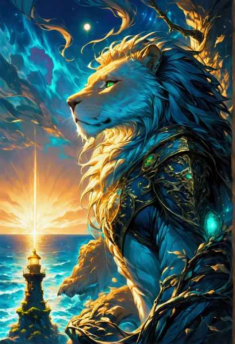 there is a magical lighthouse whose top is in the shape of the head of the lion, it is standing in the sea part of the wall surr...