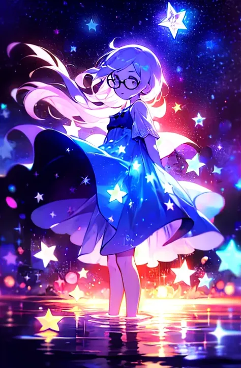 xcdd, dress, wading, star, water, sky, night, glowing, sparkle, star, night sky, backlighting, light particles, floating hair,  (LilyPichuTI:0.9), glasses,, absurdres, ultra detailed, masterpiece, best quality, aesthetic, detailed,