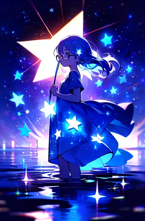 xcdd, dress, wading, star, water, sky, night, glowing, sparkle, star, night sky, backlighting, light particles, floating hair,  (LilyPichuTI:0.9), glasses,, absurdres, ultra detailed, masterpiece, best quality, aesthetic, detailed,