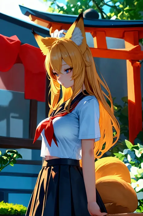 8k high resolution (Super detailed), masterpiece, (Best Quality), Real anime style　Detailed eyes, Detailed face　Detailed hands　Fine hair　Very detailed body、Fine skin　Precision sculpted body and hands　One Girl　(Fox ears)　Fox&#39;s Tail　Blonde　(High school u...