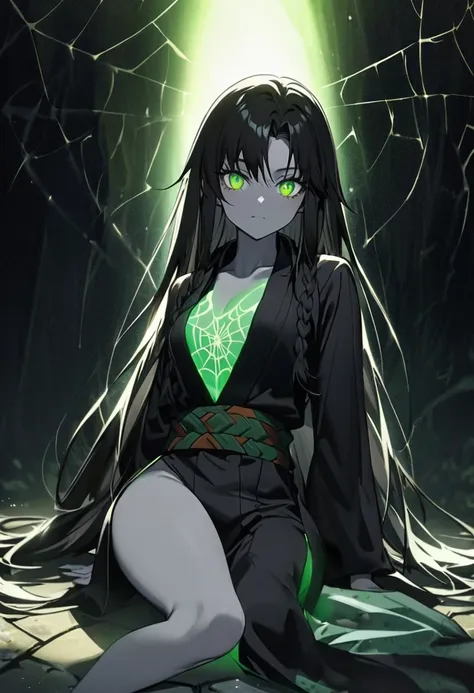 Demon girl from anime demon slayer blade,  a spider demon, black hair, long hair, очень long hair,  two braids in front, black yukata, green eyes,  eyes glow,  grey skin, spider web pattern, open neckline, you can see the legs, sits on the ground, there&#3...