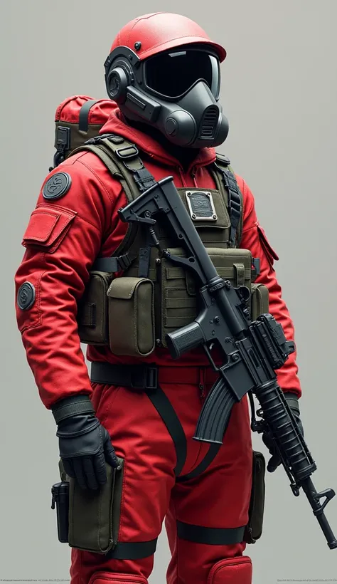 The soldier stands at full height, dressed in a military chemical protective suit,With an assault rifle in his hands, in the style of 2014-2015, red design 