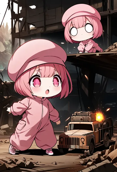 kawaii chibi character girl, running while firing a pink submachine gun, pink bob haircut, cute big round eyes, wearing baggy pi...