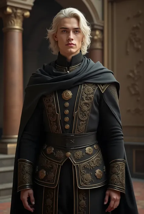 Middle Ages, Prince Targaryen, guy, white wavy hair, purple eyes, in a black doublet with gold elements, noble, looks like Timothy Chalamet from DUNE.