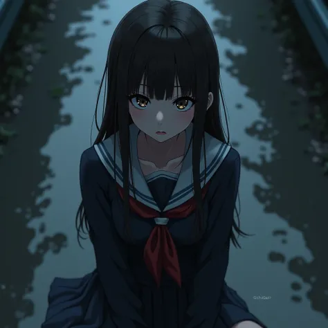 a dark-haired anime schoolgirl with a stern expression, sitting in a puddle, her wet school uniform, (best quality,4k,8k,highres,masterpiece:1.2),ultra-detailed,(realistic,photorealistic,photo-realistic:1.37),1girl,beautiful detailed eyes,beautiful detaile...