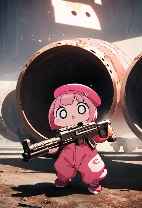 kawaii chibi character girl, running while firing a pink submachine gun, pink bob haircut, cute big round eyes, wearing baggy pi...