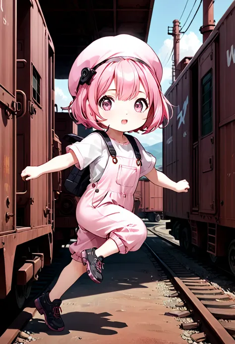 kawaii chibi character girl, running while firing a pink submachine gun, pink bob haircut, cute big round eyes, wearing baggy pink jumpsuit, baggy pink beret, background wilderness, rusty freight cars, conceptual installation art, various effects, delicate...