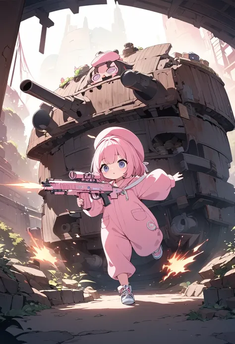 kawaii chibi character girl, running while firing a pink submachine gun, pink bob haircut, cute big round eyes, wearing baggy pi...