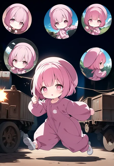 kawaii chibi character girl, running while firing a pink submachine gun, pink bob haircut, cute big round eyes, wearing baggy pink jumpsuit, baggy pink beret, background wilderness, rusty freight cars, conceptual installation art, various effects, delicate...