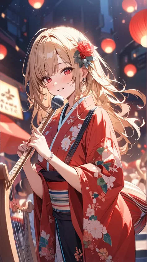 One Girl、A happy look、Short blonde、Gorgeous kimono、Musical instrument in hand、A fun-loving attitude BREAK A lively ball、(Gorgeous light):1.2、Bright colors、Festive atmosphere、Fun Space BREAK The Stage of the Red Light District、Dancer々、Movement to music、Glam...