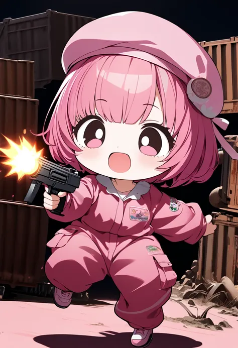 kawaii chibi character girl, running while firing a pink submachine gun, pink bob haircut, cute big round eyes, wearing baggy pi...