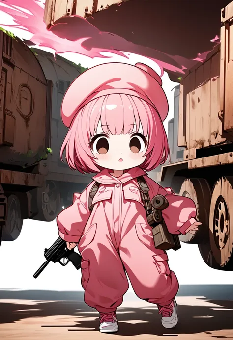 kawaii chibi character girl, running while firing a pink submachine gun, pink bob haircut, cute big round eyes, wearing baggy pi...