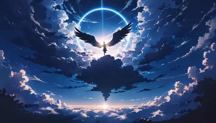 An angel,silhouette,pastel,Angels are falling,Shining black feather,Shine a Light,Black angel ring,In the air,Night view,Above the Clouds,Glowing black cloud,Light clouds,Despair is the theme,View from afar,A touching scene,Strong contrast