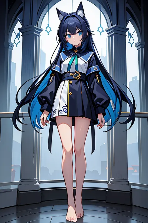 ((Full body photo, standing, feet on the floor))  Her hair is a gradation of dark blue and dark green。17-year-old girl、Anime Style、Fantasy、Wear low-exposure clothing、Bust 86cm、height: 172cm、Weight 51 kg、Full body painting、Generate from the top of the head ...