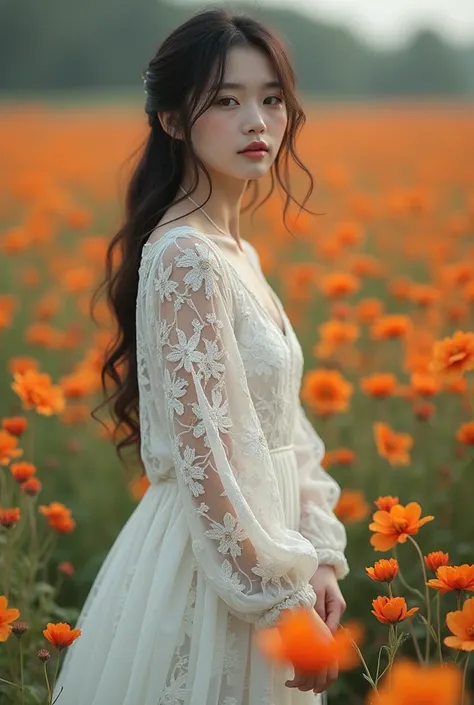 Soft, photography, portrait,Japanese women,((White lace dress)),Amidst a field of orange flowers,Full body image,Beautiful legs,Evening,