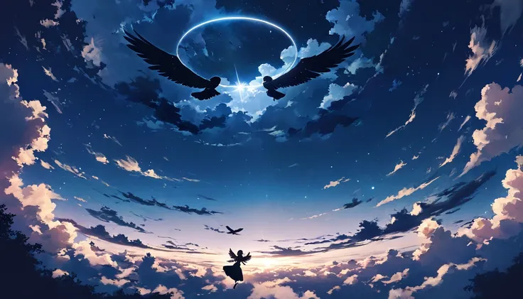 An angel,silhouette,pastel,Angels are falling,Shining black feather,Shine a Light,Black angel ring,In the air,Night view,Above the Clouds,Glowing black cloud,Light clouds,Despair is the theme,View from afar,A touching scene,Strong contrast