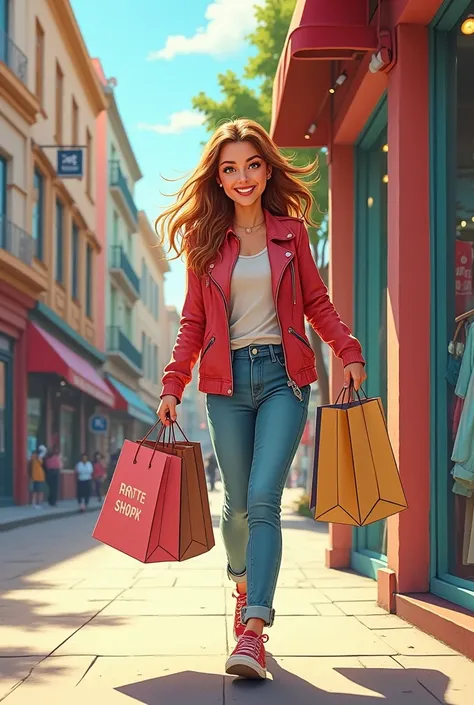 A woman leaving the clothing store satisfied carrying her purchases Cartoon 