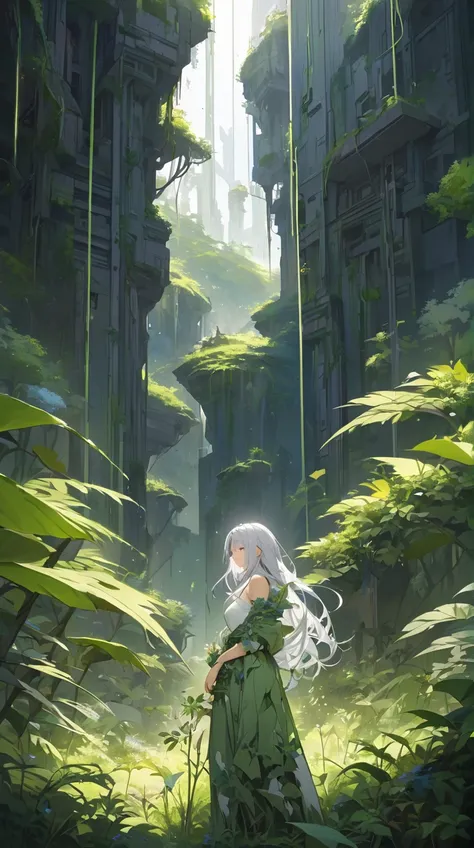 One Girl、Calm expression、Long silver hair、Clothing that blends in with nature、Plant in hand、Elegant posture BREAK In the wild nature、(Soft Light):1.3、Green landscape、Symbol of hope、A heartwarming space BREAK A building covered in weeds、Forces of Nature、Ani...