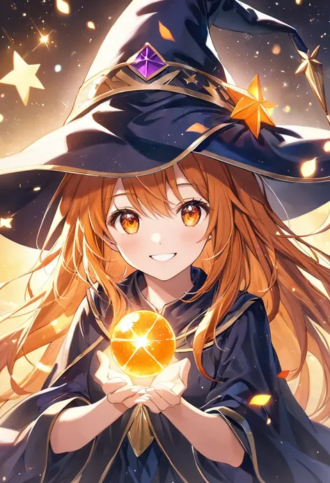 A smiling woman,pastel,smile,happiness,Orange eyes,Shining Eyes,Orange Hair,Long Hair,Wizard&#39;s Outfit,Put on your battle robes,Lightning Spellbook　The background is night,Big full moon,Bats flapping their wings,The Halloween atmosphere,Backlight,Holdin...