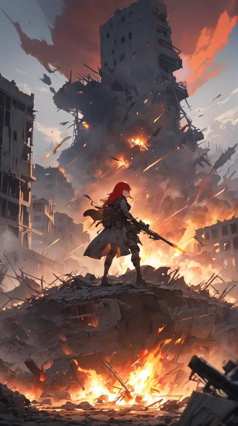 One Girl、Powerful expression、Short Red Hair、Tattered Armor、Flame thrower in hand、Determined Eyes BREAK Battlefield Ruins、(Powerful lighting):1.4、Intense colors、A tense atmosphere、Preparing for Battle BREAK Destroyed City、Smoking rubble、Enemy Shadow、The Fat...