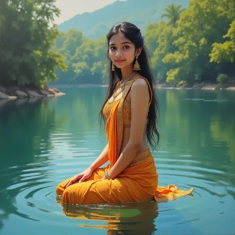 Draw oil painting of ancient Beautiful Indian young woman, innocent face, sitting at in lake, perfect anatomy, mini sari wear, different pose, Arms up, Kneeling