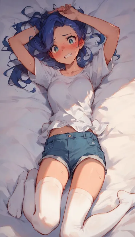 score_9,score_8_up,score_7_up,source_anime,Lying on the bed,a woman in a cosplay costume sat on the bed with her hands on her head,panicked expression,blushing and sweating,white stockings,no shoes,sweating,scared looking,scorching environment,casual short...