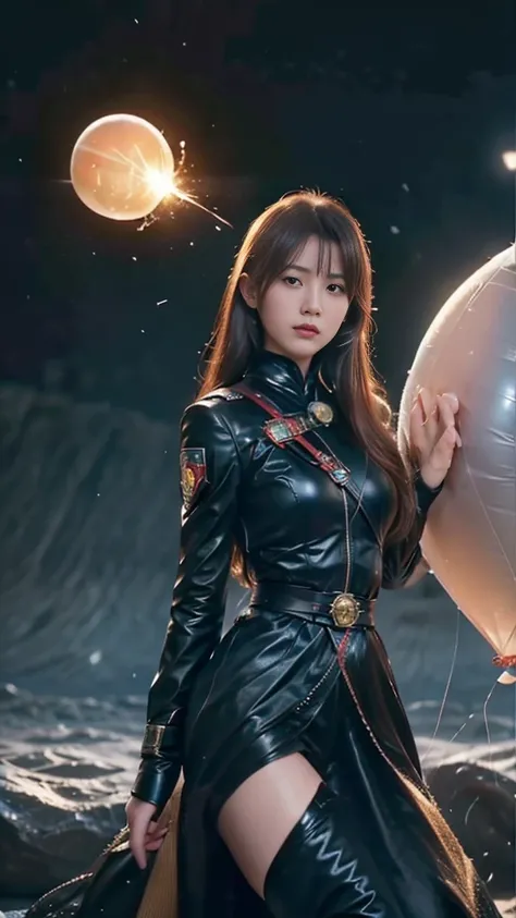 Ultra-realistic images. Images as realistic as a photograph. Waist shot photo.A female officer have a Earth string. An Earth equal bursting balloon.She is sticking a needle into the earth-balloon and causing it to explode.Behind her, a space battleship"YAM...