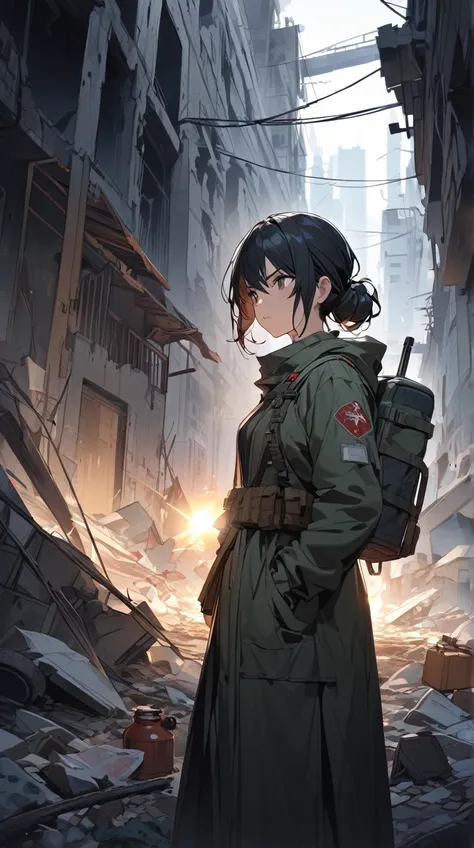 One Girl、Serious expression、Long black hair、Survival Equipment、Map in hand、Adventurous attitude BREAK In the ruins、(Mysterious Light):1.2、Soft Shadows、Exploring the unknown、Tense atmosphere BREAK Collapsed building、Scattered items、Secret Hideout、The Fatefu...