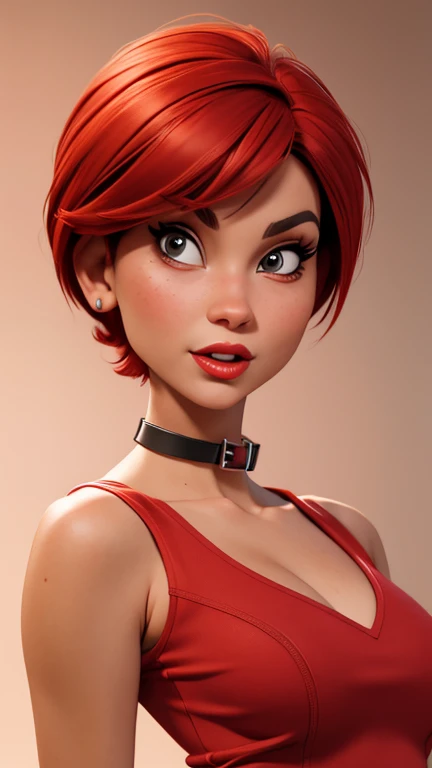 Close-up focus on a slim model, with a tight red top that covers her small breasts, red pixie haircut, red lips, collar, High quality, masterpiece, The best quality, extremely detailed, warm colors, photorealistic