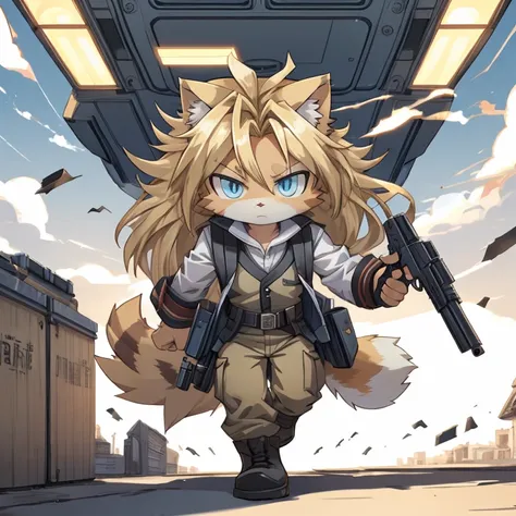 masterpiece, best quality, anime, figure, alone, dynamic pose, cat, (small:1.3), yellow fur, blue eyes, gun, tank,soldier, long ...