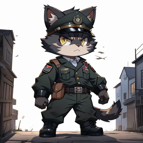 black cat in military uniform, chibi, great style,battle体制, war, tank, solo, battle