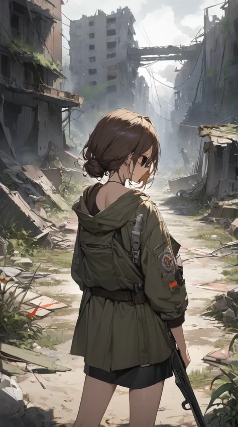 One Girl、A determined look、Short brown hair、Tattered Jacket、Homemade weapons in hand、Strong Will BREAK Ruined City、(Dynamic Light):1.4、Dark shades、A tense atmosphere、Survival in the ruins BREAK Collapsed building、Road overgrown with weeds、Distant smoke、A t...