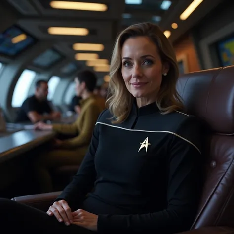 Examine all uniforms from Star Trek from all shows and design the perfect uniform for a female bridge officer. make the woman 40 years old. sitting in captains chair on the bridge of the Enterprise. legs crossed. bokeh. 49mm lens. depth of field.