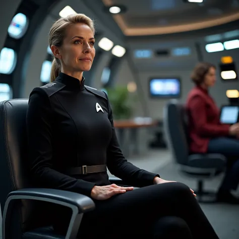 Examine all uniforms from Star Trek from all shows and design the perfect uniform for a female bridge officer. make the woman 40 years old. sitting in captains chair on the bridge of the Enterprise. legs crossed. bokeh. 49mm lens. depth of field.