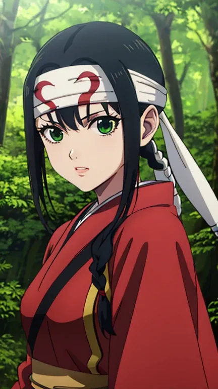 (masterpiece, best quality, 8k:1.2),
1 girl, Kyoukai, black hair, braids, ponytail, green eyes, eyelashes, medium breasts,(black ninja,black head band, japanese clothes, in the forest),
alone, looking at the viewer, 