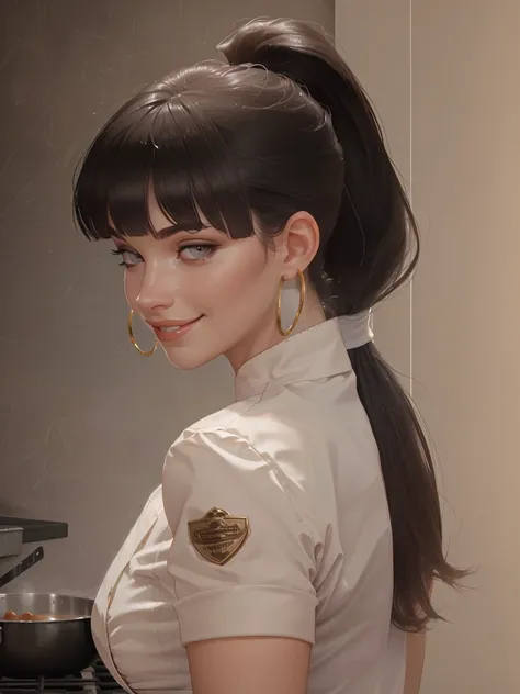 ((best quality)), ((chef-dœuvre)), (detailled:1.4), white caucasian brunette, ((black hair Blunt Bangs on the forehead, long straigh hair ponytail behind the head)), with hoop earrings, grey eyes, vicious smile, (best quality, masterpiece), fuck by me in d...