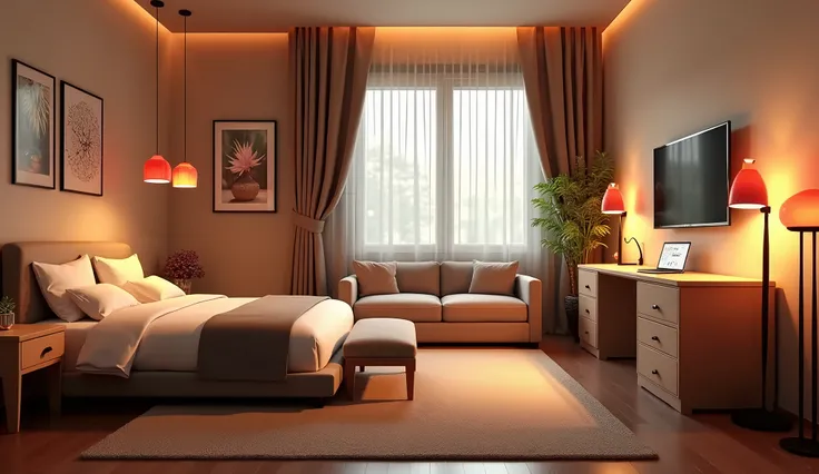 bedroom furnished with bed, office, TV and sofa, Warm ambient lighting, Bedroom, Well-lit 3D rendering, Dramatic ambient lighting, Created light effects, Soft ambient lighting, room lighting, Natural light in the room, داخل Bedroom, bright lighting, dim be...