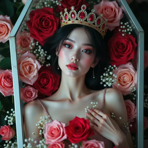 Beautiful Tiny Vampire Empress Lying Down in a Glass coffin that filled with colorful flowers, Buried in Colorful roses, Gypsophila, Beautiful Detailed Reflective Eyes, Innocent, Tiara with brilliant Ruby, FullBody from DirectlyAbove, (WideAngle((FullBody:...