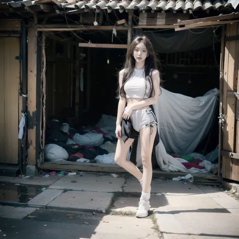 abandoned building，Garbage all over the ground，grimy，18-year-old beautiful Korean beauty，very beautiful long slim legs，Random  beautification，exhibitionists，Random exposure of genitals