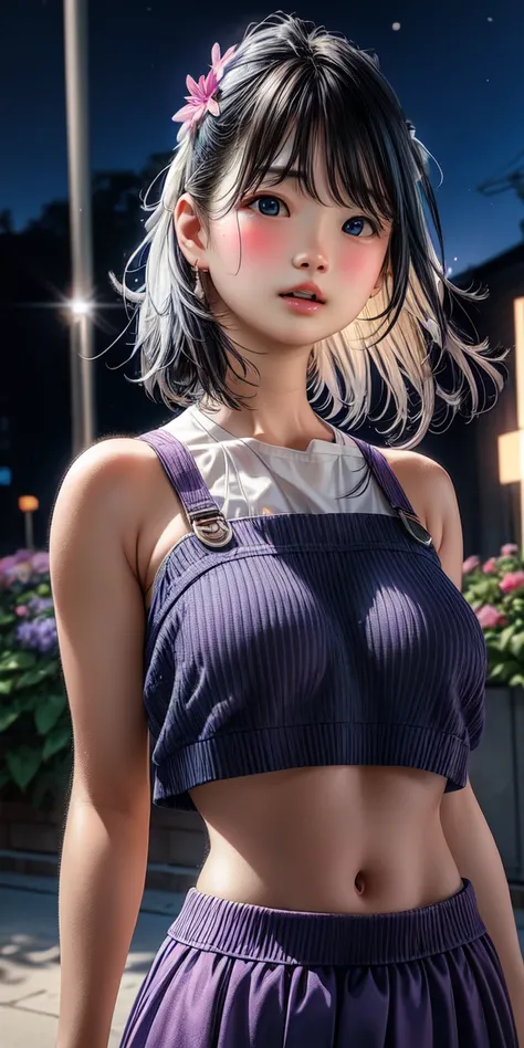 Realistic, One Girl, Gray Hair, Purple eyes, Shining Eyes, Crop top, skirt, Our Lips, , night, flower, sun, sunlight,