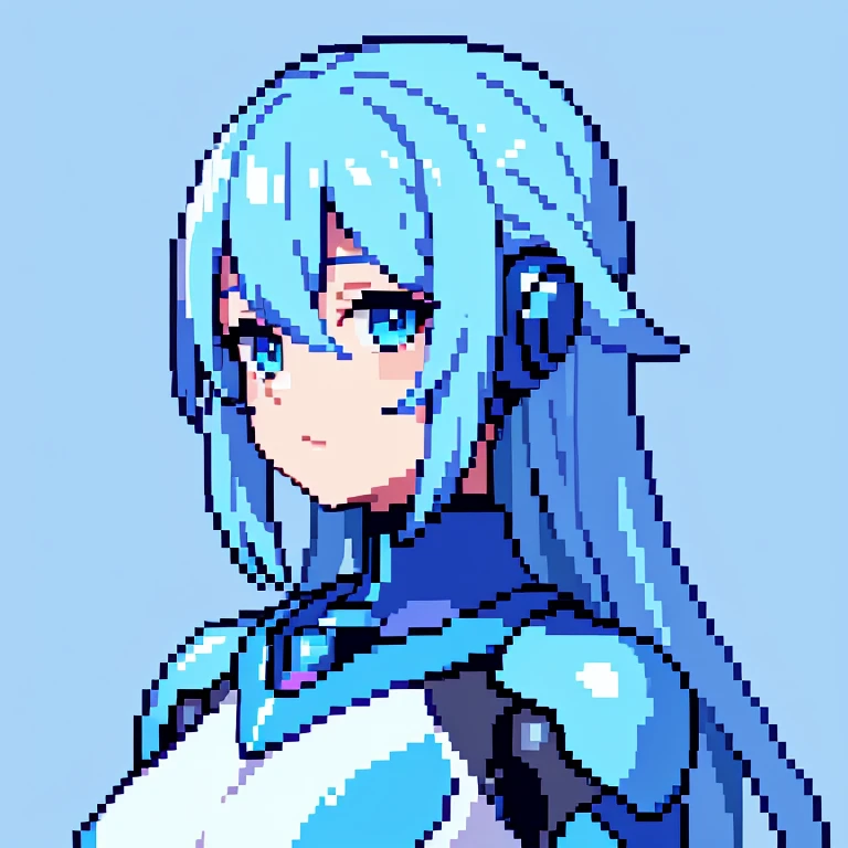 create a image of a female robot in pixel art, whit long blue metalic hair, short blue clothes, she wears white gloves, all the ...