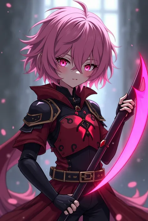 Anime boy with pink hair and pink eyes with jujutsu kaisen style pero ponle una armadura (Red with black)
And give him a pink scythe